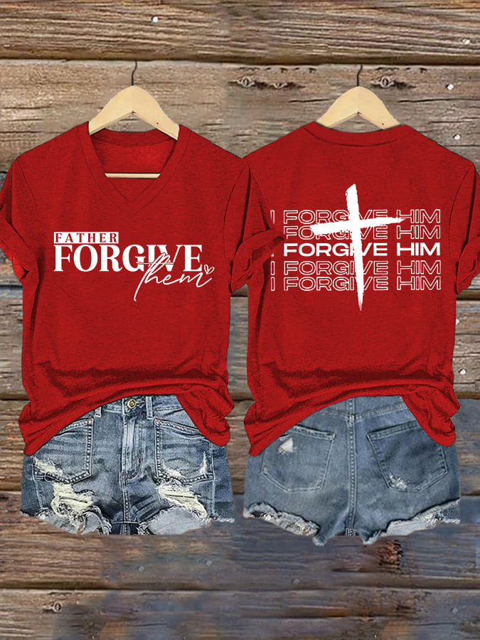 Charlie Kirk Father Forgive Them Red V-Neck Shirt I Forgive Him Proud Charlie Kirk Merch