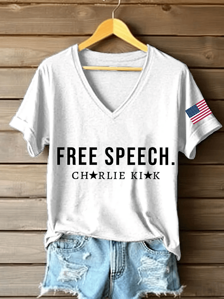 Charlie Kirk Free Speech Print V-Neck T-Shirt Charlie Kirk Shirts for Sale TPUSA Merch Gift for Wife