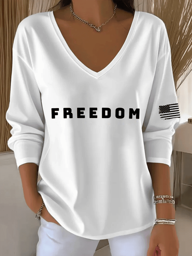 Charlie Kirk Freedom American Flag Print V-Neck Long Sleeve T-Shirt Patriotic Gift for Wife