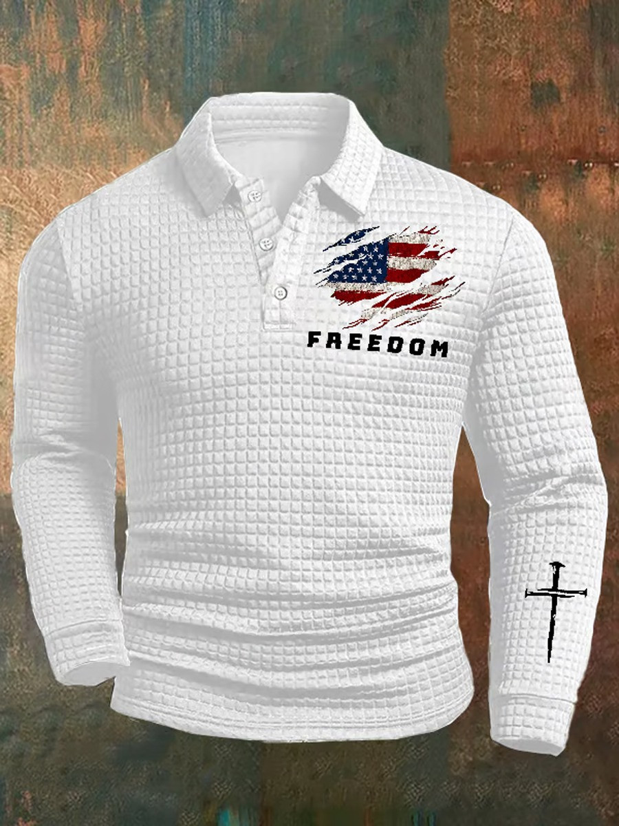 Charlie Kirk Freedom Cross Long Sleeve Polo Shirt Faith Religious USA Flag Outfit Gifts