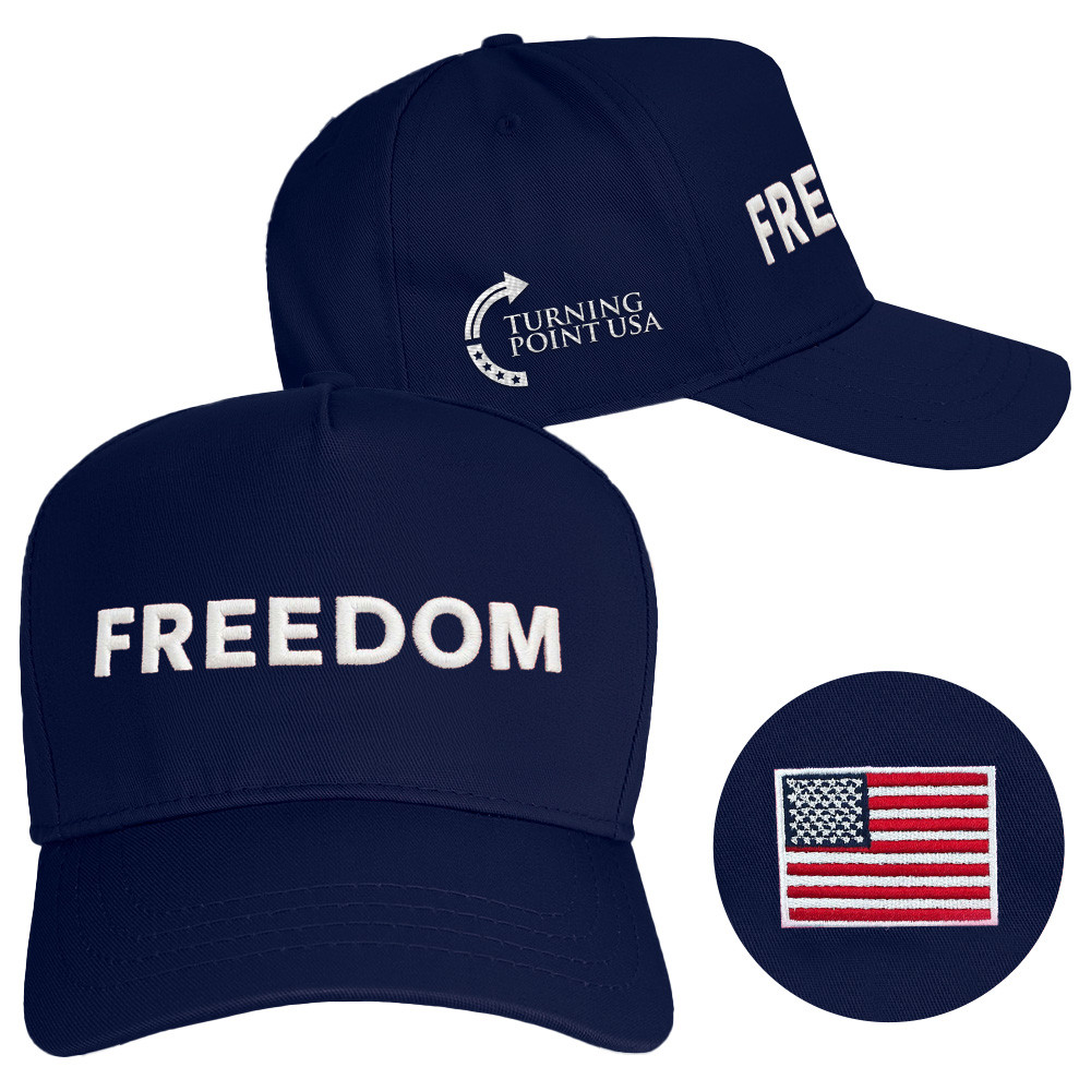 Charlie Kirk Freedom Hat Navy Embroidered Charlie Kirk Hats Turning Point USA Merchandise Store