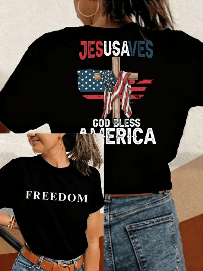 Charlie Kirk Freedom JESUS SAVES GOD BLESS AMERICA Print Crew Neck T-Shirt