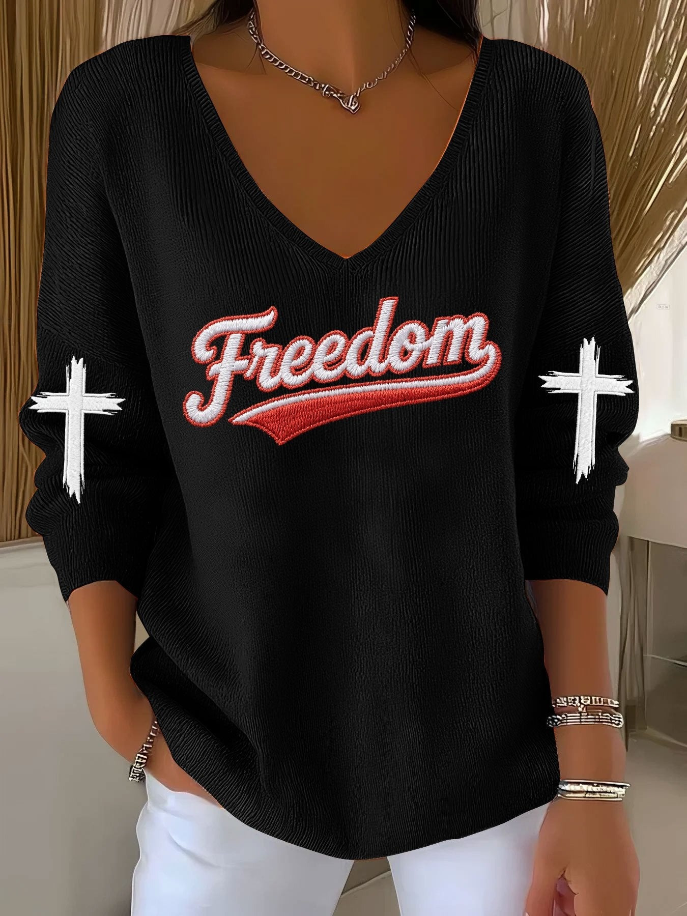 Charlie Kirk Freedom Long Sleeve V-Neck Shirt Cross Christian Clothing Gifts For Her