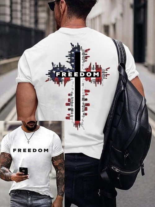 Charlie Kirk Freedom Merch Red T-Shirt Cross Freedom USA Flag Charlie Kirk Memorial Shirt