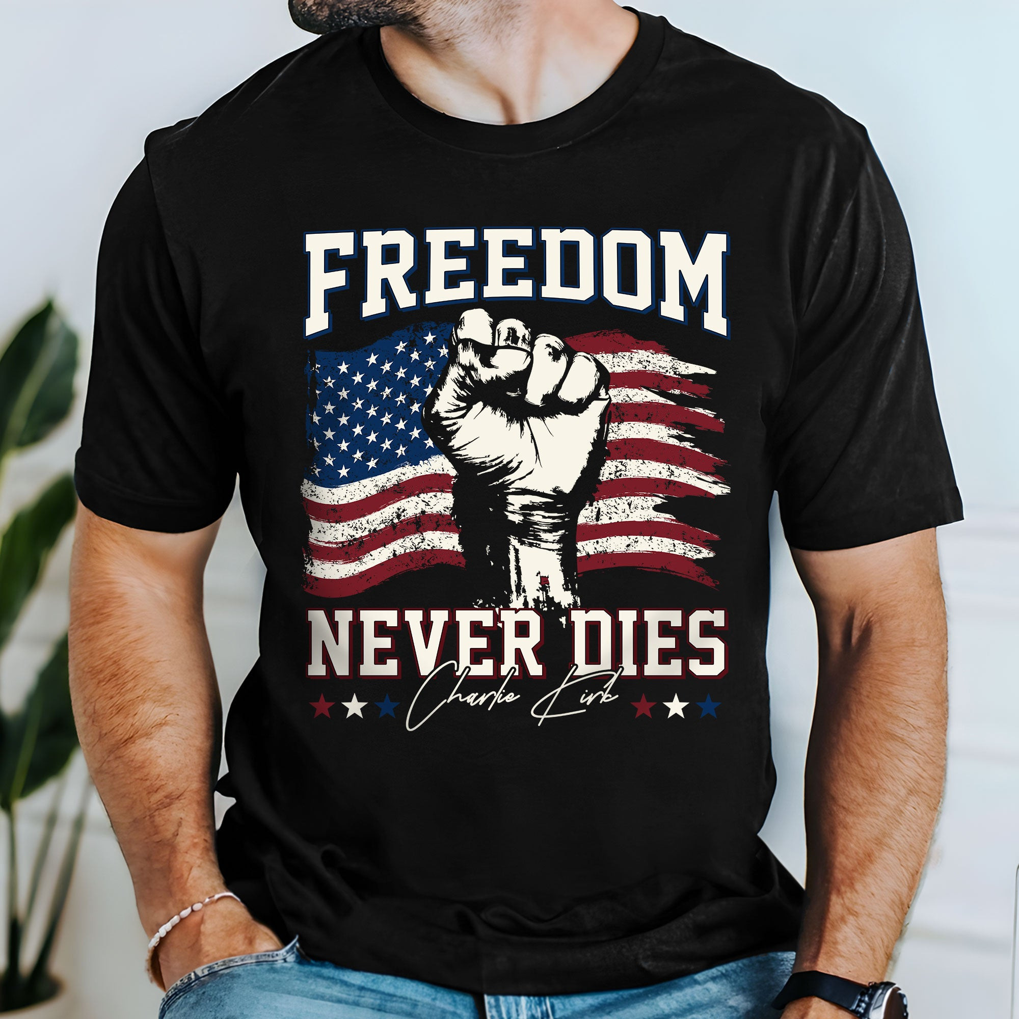Charlie Kirk Freedom Never Dies T-Shirt American Flag Signed Tribute Clothing