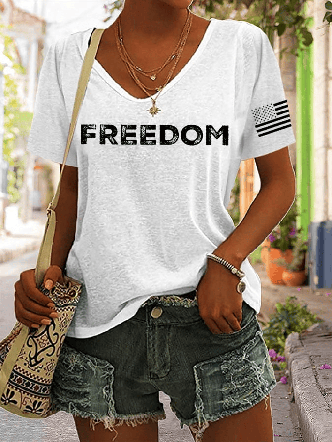Charlie Kirk Freedom Print V Neck T-shirt Charlie Kirk Tribute Memorial Gift
