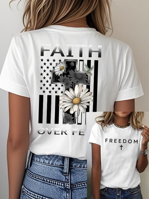 Charlie Kirk Freedom T-Shirt Flower Cross Faith Over Fear Christian Shirt Gifts For Her
