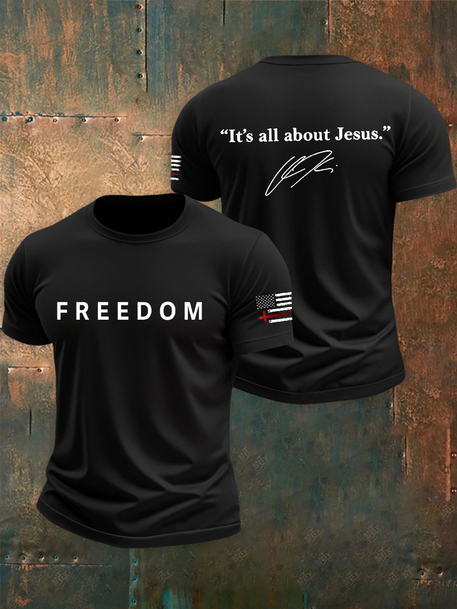 Charlie Kirk Freedom T-Shirt It's All About Jesus Jesus Defeated Death Signed Tribute Clothing