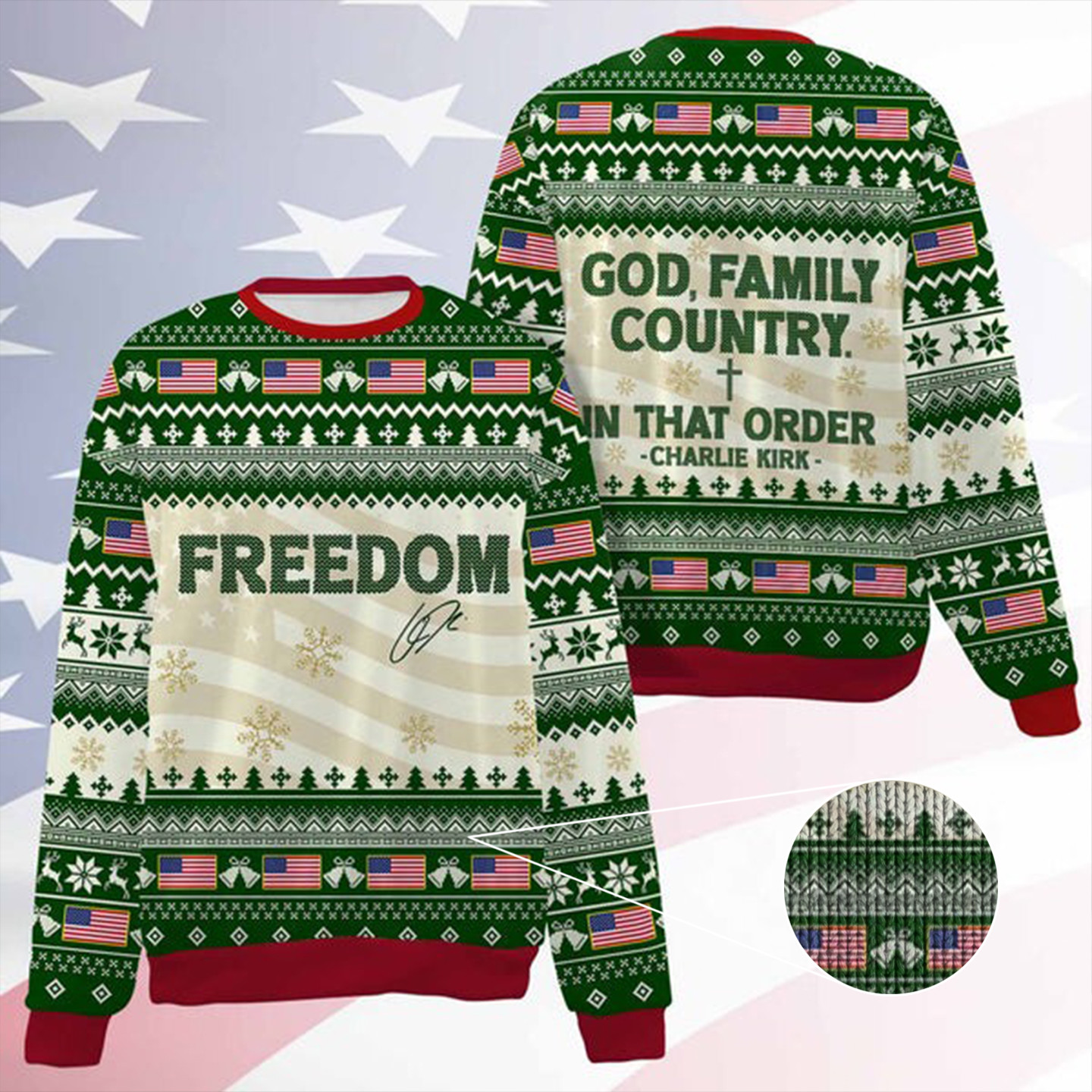 Charlie Kirk Freedom Ugly Christmas Sweater God Family Country Pullover Charlie Kirk Apparel