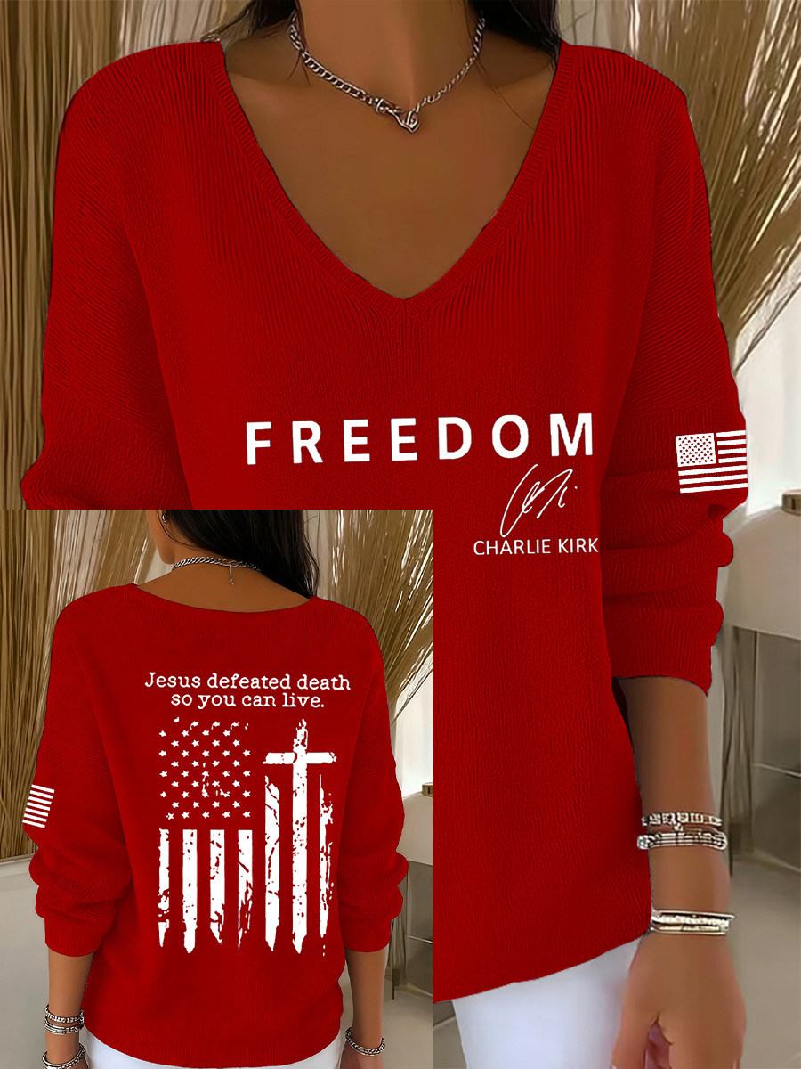 Charlie Kirk Freedom V-neck Long Sleeve Jesus Defeated Death Cross 1993 2025 Signed CK Merch