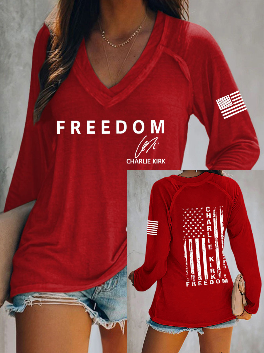 Charlie Kirk Freedom V-neck Long Sleeve Red Freedom Cross Shirt Turning Point USA Shirt