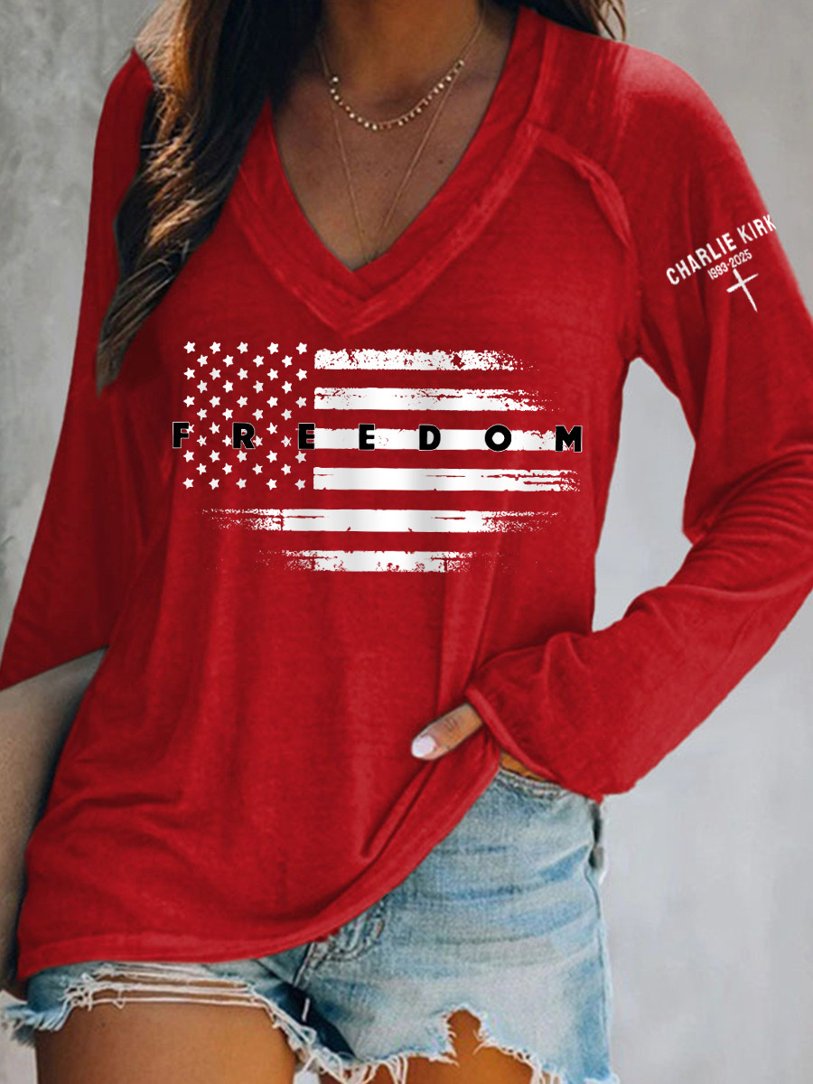 Charlie Kirk Freedom V-Neck Long Sleeve Red Freedom Shirt Charlie Kirk Live Free Shirt