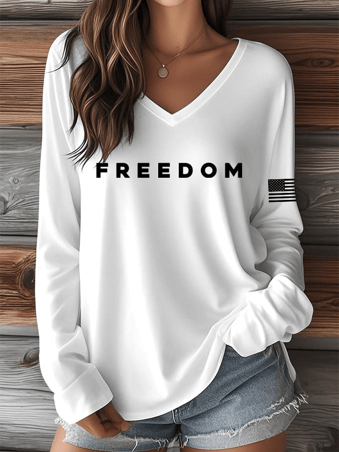 Charlie Kirk Freedom V-Neck Long Sleeve T-Shirt Chalie Kirk A True Patriot Patriotic Gift for Her