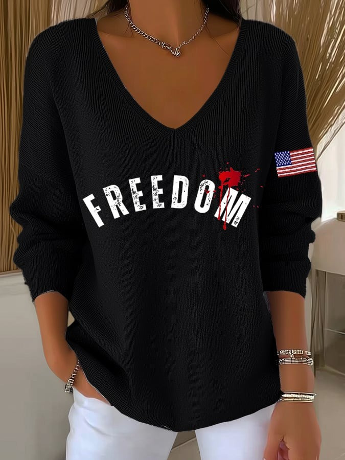 Charlie Kirk Freedom V-Neck Long Sleeve T-Shirt RIP Charlie Kirk Merch Patriotic Gifts