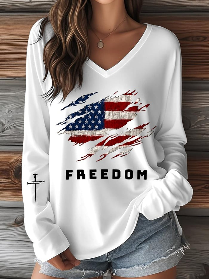 Charlie Kirk Freedom V-Neck Long Sleeve T-Shirt USA Flag Charlie Kirk Merch Patriotic Gifts