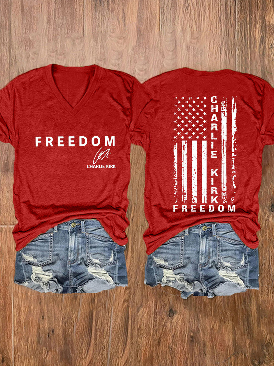 Charlie Kirk Freedom V-neck Shirt Charlie Kirk Online Merch Store Signed 47 Proud Merch