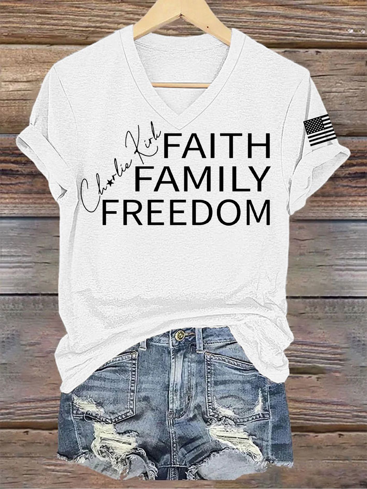Charlie Kirk Freedom V-neck Shirt Faith Family Freedom Unique Charlie Kirk 47 Memorial Merch