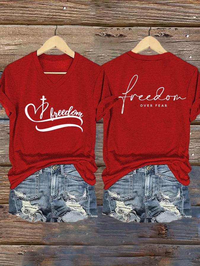 Charlie Kirk Freedom V-Neck Shirt Freedom Over Fear Best Charlie Kirk Clothing
