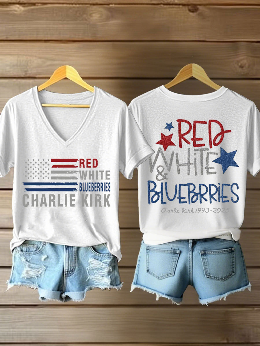 Charlie Kirk Freedom V-neck Shirt He's On A Work Trip Red White And Blueberries Clothing