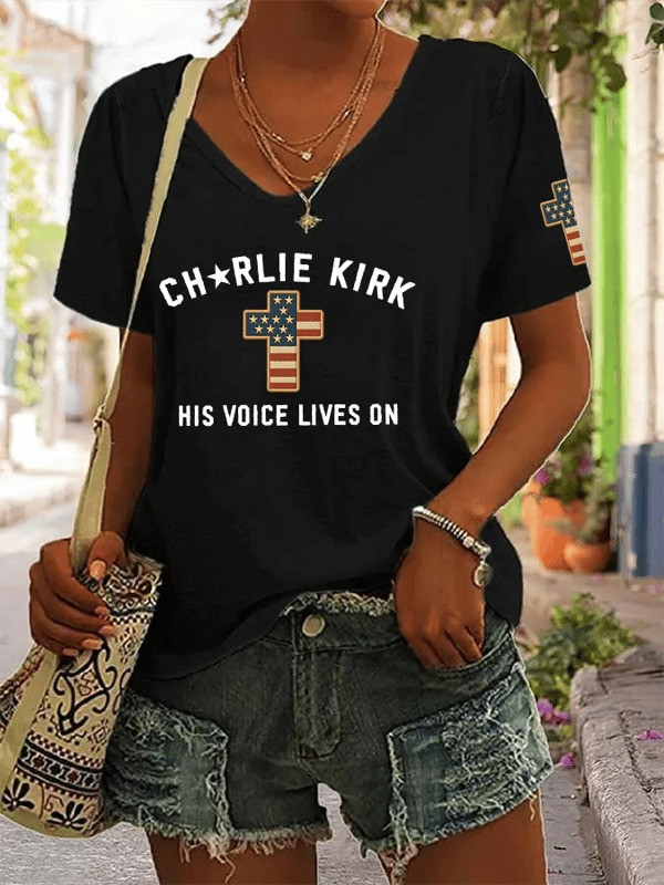 Charlie Kirk Freedom V-neck Shirt His Voice Lives On Charlie Kirk Freedom Wore