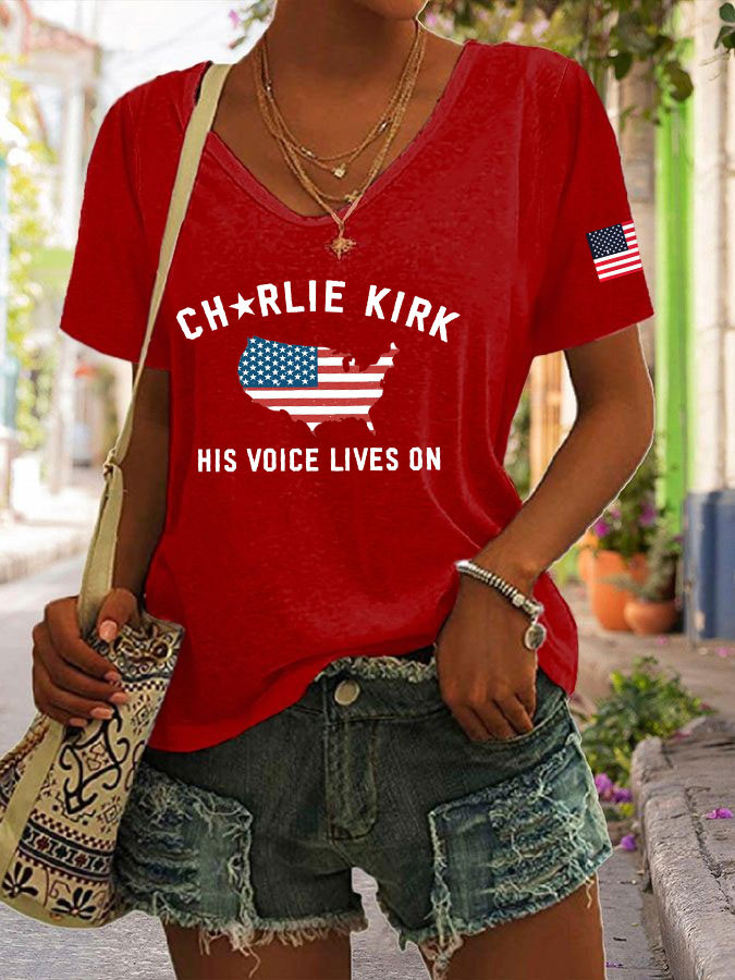 Charlie Kirk Freedom V-Neck Shirt His Voice Lives On Proud Charlie Kirk Gifts