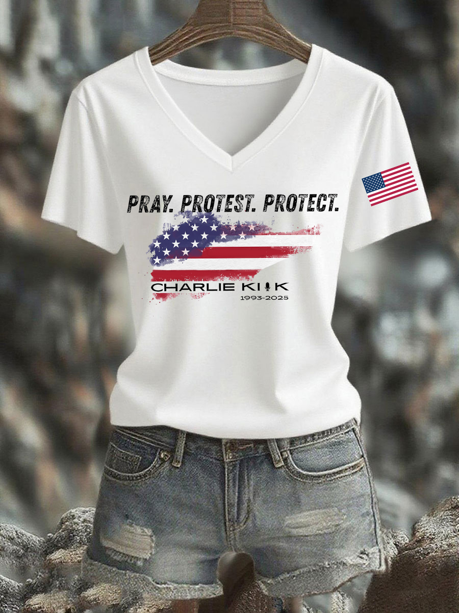 Charlie Kirk Freedom V-Neck Shirt Pray Protest Protect Charlie Kirk Best Tpusa Merch