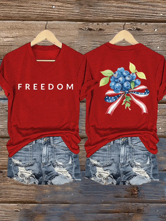 Charlie Kirk Freedom V-Neck Shirt Red White And Blueberries Shirt Best Charlie Kirk Clothing
