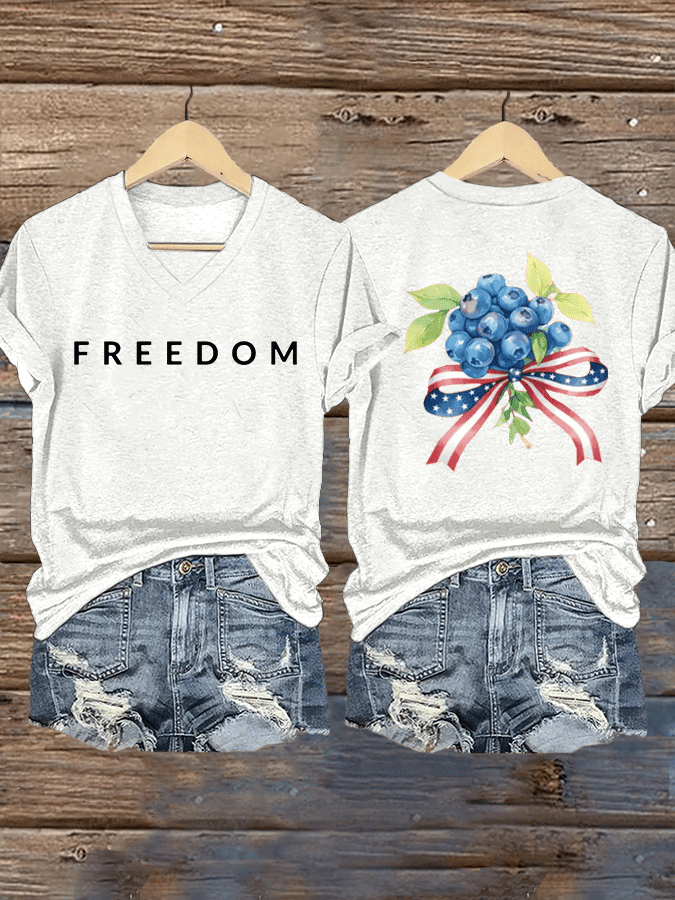 Charlie Kirk Freedom V-Neck Shirt Red White Blueberries Charlie Kirk Merch Best Gift Ideas