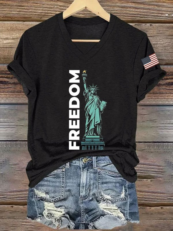 Charlie Kirk Freedom V-neck Shirt Women's Liberty Statue RIP Freedom Gift For Liberty Wear