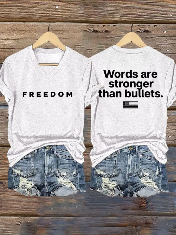 Charlie Kirk Freedom V-Neck Shirt Words Are Stronger Than Bullets Proud Charlie Kirk Tribute