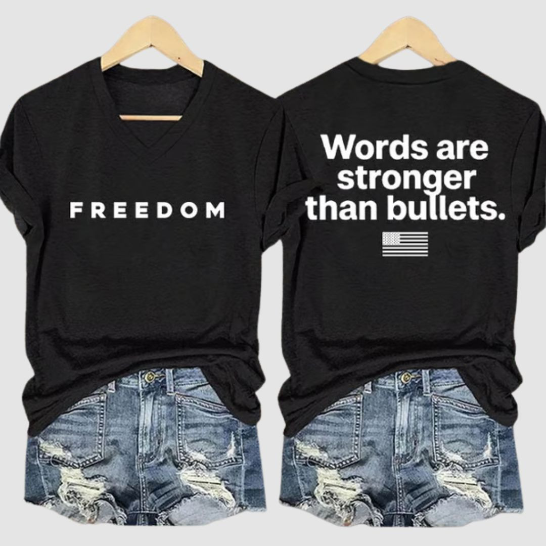 Charlie Kirk Freedom V-Neck Shirt Words Are Stronger Than Bullets Proud Tribute Clothing