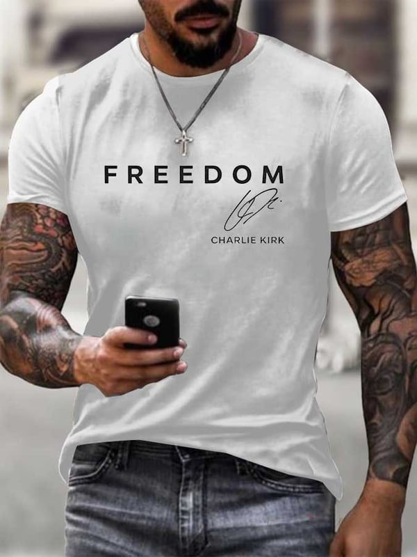 Charlie Kirk Freedom White Men's T-Shirt Wore Signature R.I.P Charlie Kirk Shirt For Sale