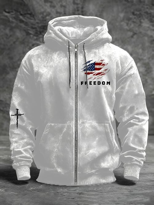 Charlie Kirk Freedom Zipper Hoodie USA Flag Cross Faith Christian Outfit Gifts For Men