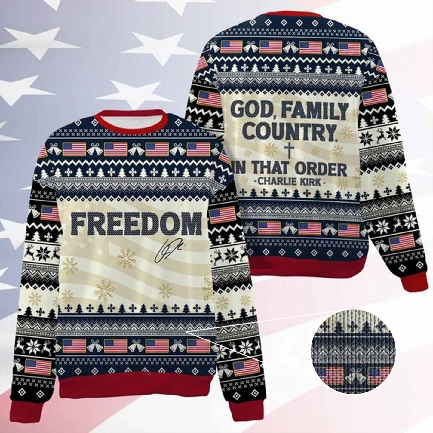 Charlie Kirk God Family Country Ugly Christmas Sweater Turning Point Charlie Kirk Merch