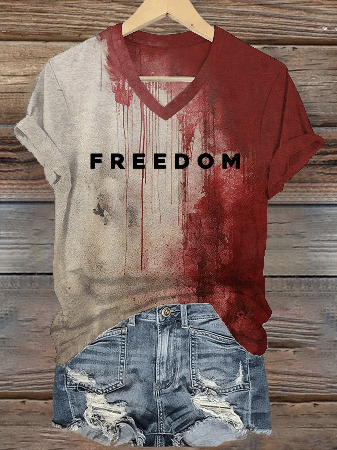 Charlie Kirk Merch Bloody Freedom V-Neck T-Shirt I Am Charlie Kirk Shirt Gifts For Her
