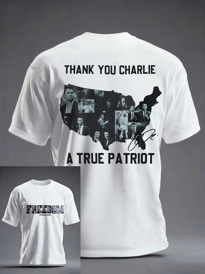 Charlie Kirk Merch Charlie Kirk Freedom Shirt Thank You Charlie A True Patriot T-Shirt MAGA Gifts