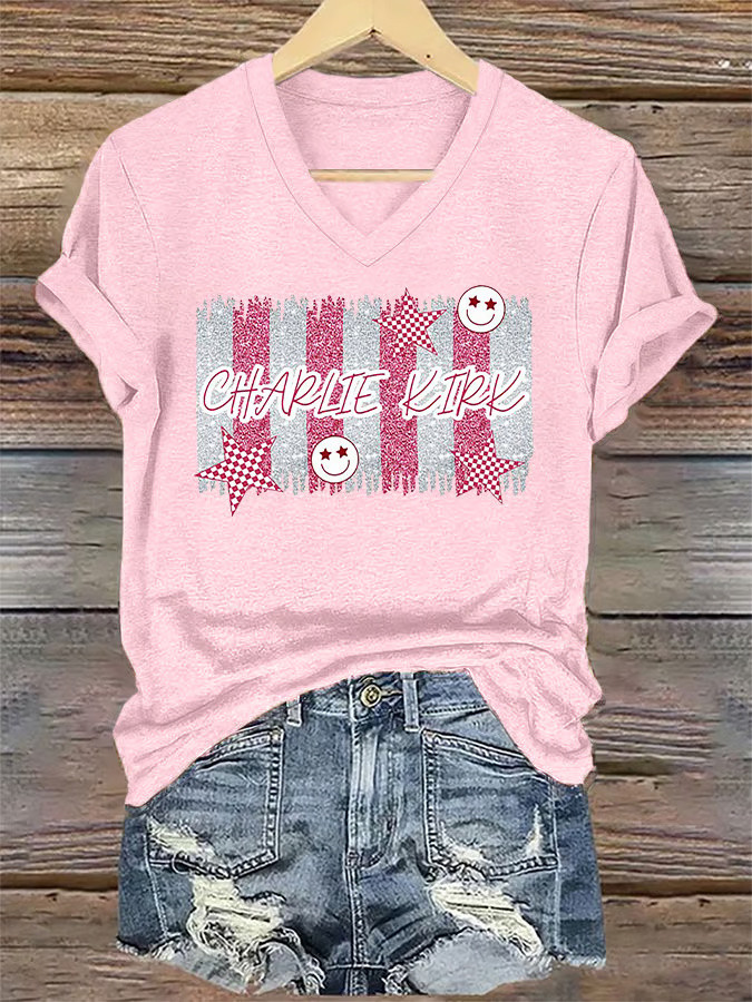 Charlie Kirk Merch Forever In Our Hearts Pink V-neck Shirt Patriotic Gifts For Sister