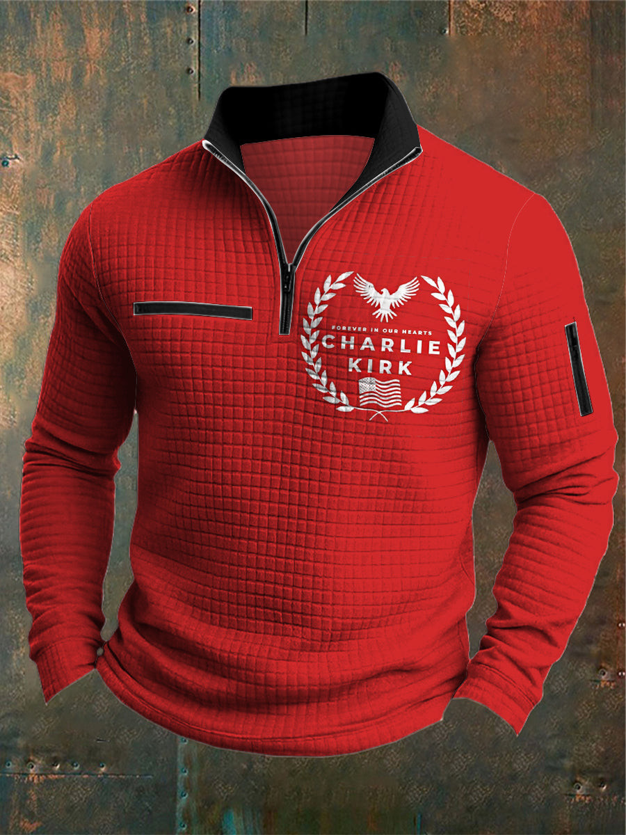 Charlie Kirk Merch Memorial Charlie Kirk Printed Waffler Casual Zipper Sweatshirt
