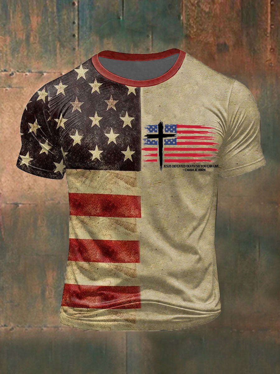 Charlie Kirk Merch Men's Jesus Defeated Death So You Can Live Charlie Kirk Printed T-shirt Gifts For Patriots