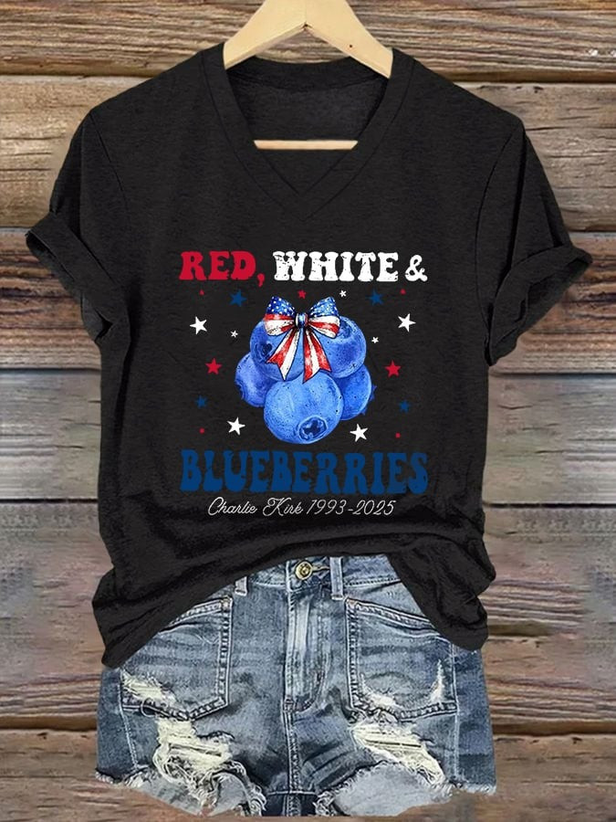 Charlie Kirk Merch Retro Red White And Blueberries V-Neck T-Shirt RIP Charlie Kirk Apparel