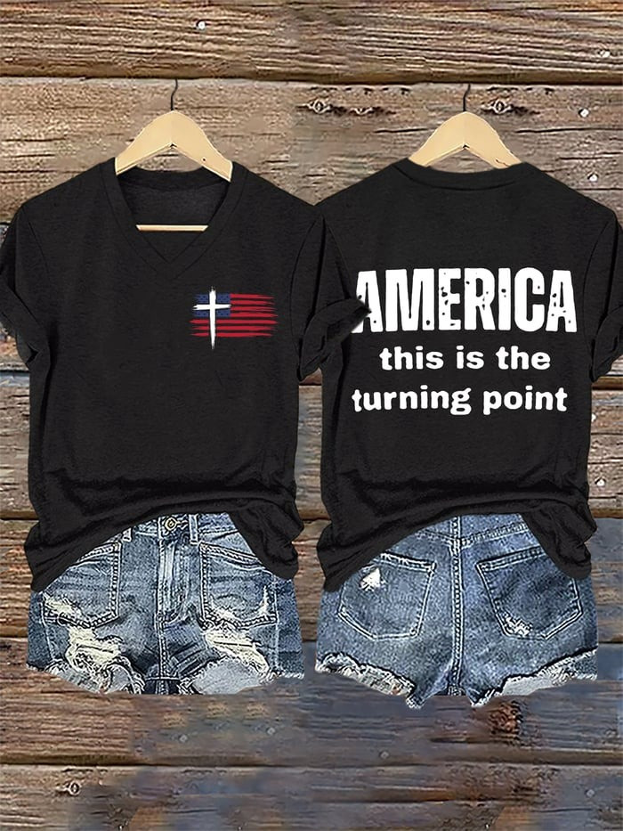 Charlie Kirk Merch V-Neck Retro Faith Flag Cross America This Is The Turning Point Print T-Shirt Gifts For Patriots