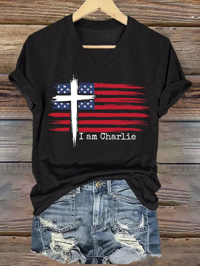 Charlie Kirk Merch V-Neck Retro Faith Flag Cross I Am Print T-Shirt Gifts For Patriots