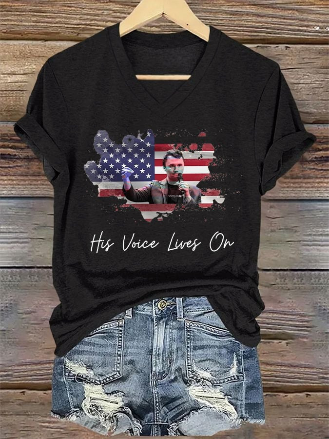 Charlie Kirk Merch V-Neck Retro His Voice Lives On Print T-Shirt Gifts For Patriots