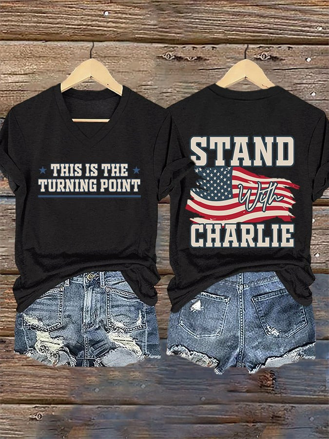 Charlie Kirk Merch V-Neck Retro This Is The Turning Point Stand With Print T-Shirt Gifts For Patriots