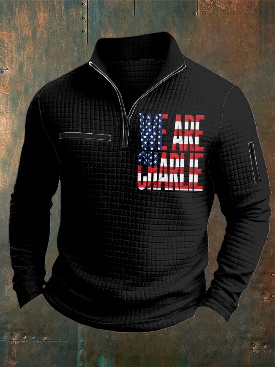 Charlie Kirk Merch We Are Charlie Printed Waffler Casual Zipper Sweatshirt For Charlie Kirk Lovers
