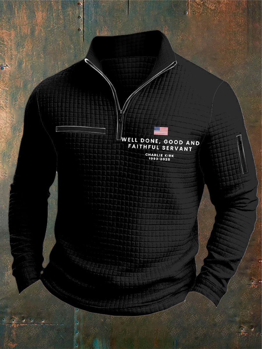 Charlie Kirk Merch Well Done My Good and Faithful Servant Printed Waffler Casual Zipper Sweatshirt