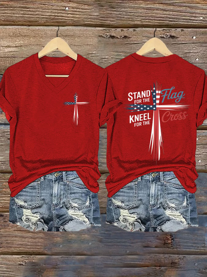 Charlie Kirk Stand For The Kneel For The Flag Cross V-Neck Shirt Best Charlie Kirk Tribute