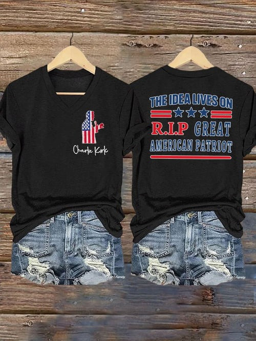 Charlie Kirk The Idea Lives On V-Neck Shirt Great American Patriot Charlie Kirk Merch