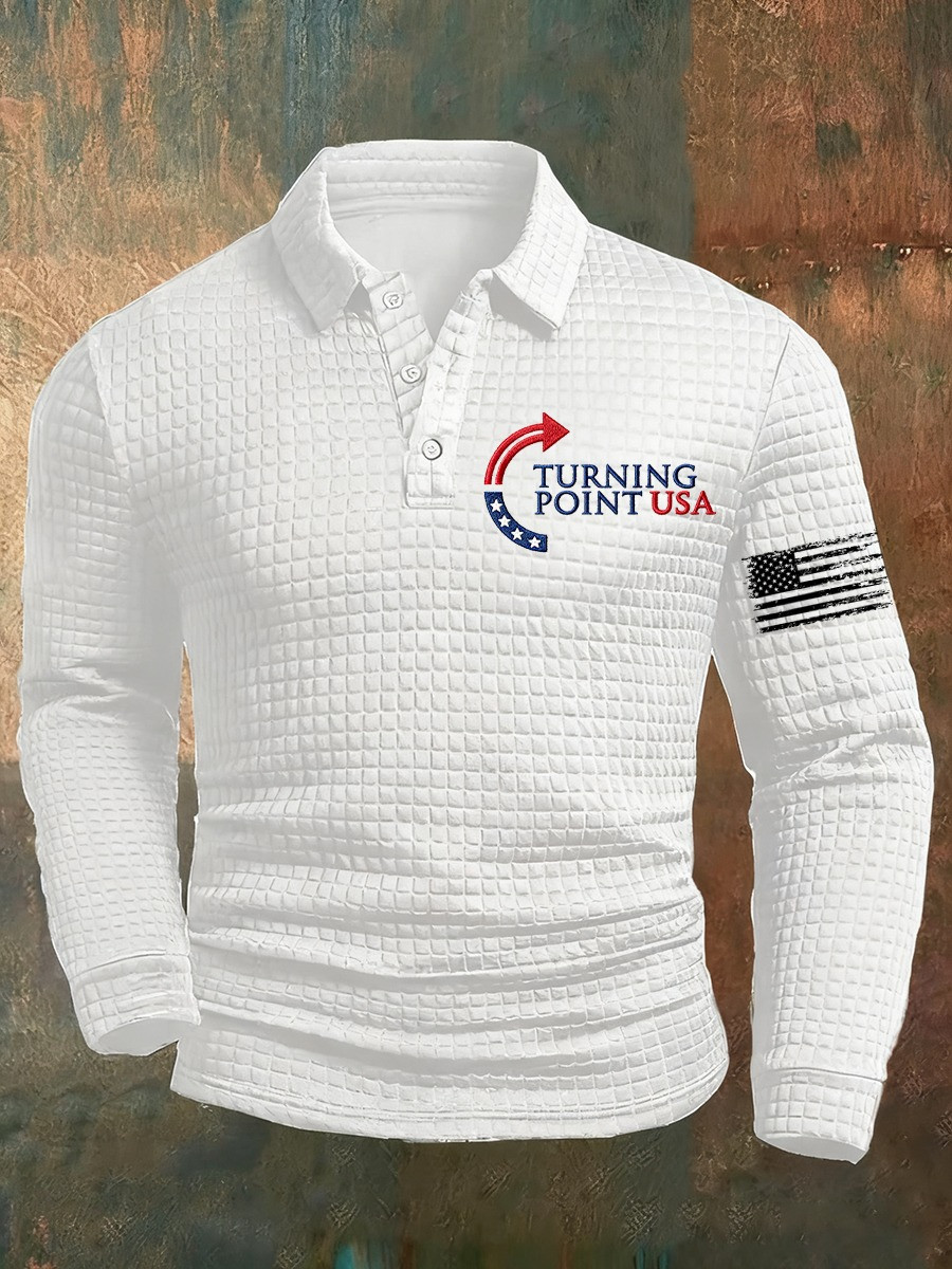 Charlie Kirk Turning Point USA Long Sleeve Polo Shirt American Flag Presents For Men