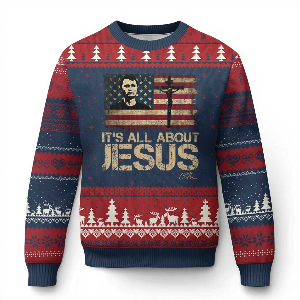 Charlie Kirk Ugly Christmas Sweater It's All About Jesus Patriotic Christian Clothes Gift